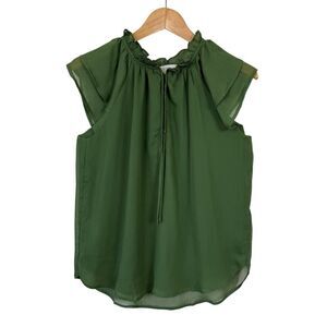 Loft Olive Green Ruffle Neck Tie Cap Sleeve Flowy Blouse Women's Size Small